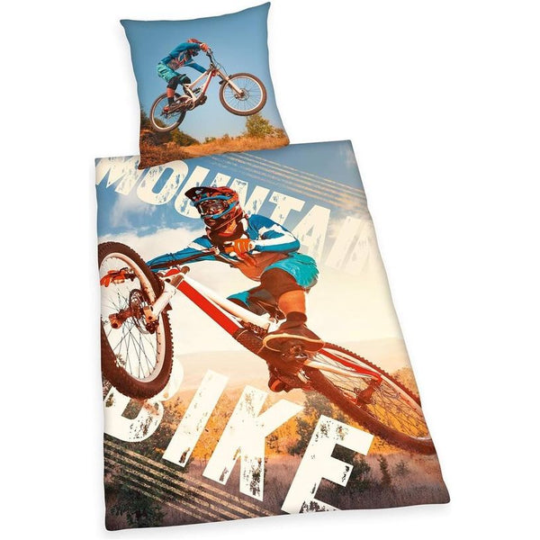 Beddengoedset, omkeerbare mountainbike, dekbedovertrek 135 x 200 cm, kussensloop 80 x 80 cm, katoen/renforcé. Vertaling: Beddengoedset, omkeerbare mountainbike, dekbedovertrek 135 x 200 cm, kussensloop 80 x 80 cm, katoen/renforcé.