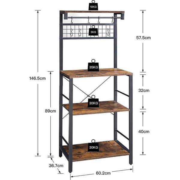 Keukenrek, staand rek voor keuken, magnetronrek, staand, 4 verdiepingen bakkersrek met 8 haken, magnetronstandaard met opbergruimte, verstelbare poten, kruidenrek, rustiek,