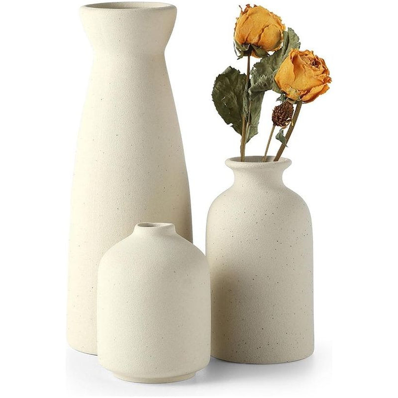 Zwarte keramische vazenset van 3 kleine bloemenvazen voor decoratie, moderne rustieke boerderij huisdecoratie, decoratieve vazen voor pampasgras-ideeënplank (Beige)