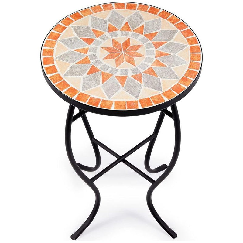 Mozaïek bijzettafel 14 inch ronde mozaïektafel metalen tafel koffietafel bloemenkruk bloemenstandaard plantenstandaard tuintafel (oranje & beige)