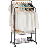 Kledingrek op wieltjes, stabiele kapstok van metaal, dubbele kledingstangen met 2 planken, belastbaar, industriële stijl, 82 x 51 x 155 cm, zwart