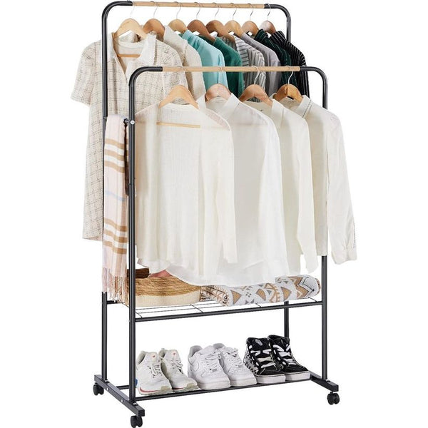 Kledingrek op wieltjes, stabiele kapstok van metaal, dubbele kledingstangen met 2 planken, belastbaar, industriële stijl, 82 x 51 x 155 cm, zwart