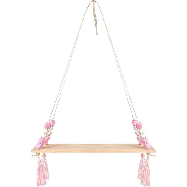 Zwevende plank, hangend houten rek, boho-schommel, touw, zwevende houten planken met haken, voor woonkamer, slaapkamer, wanddecoratie, roze