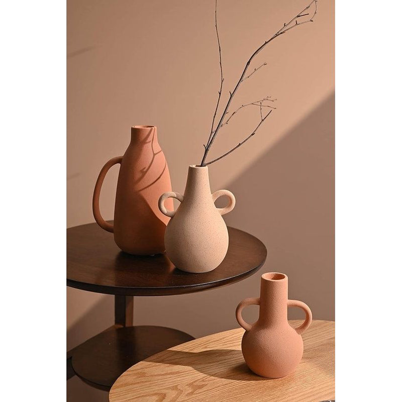 Terracotta vaas voor woonkamer, set van 3 vazen, matte vazen, decoratieve rustieke bloemenvaas met handgrepen, tafelvaas voor schoorsteenmantel, woonkamer, cadeau, 28,5/13/12 cm