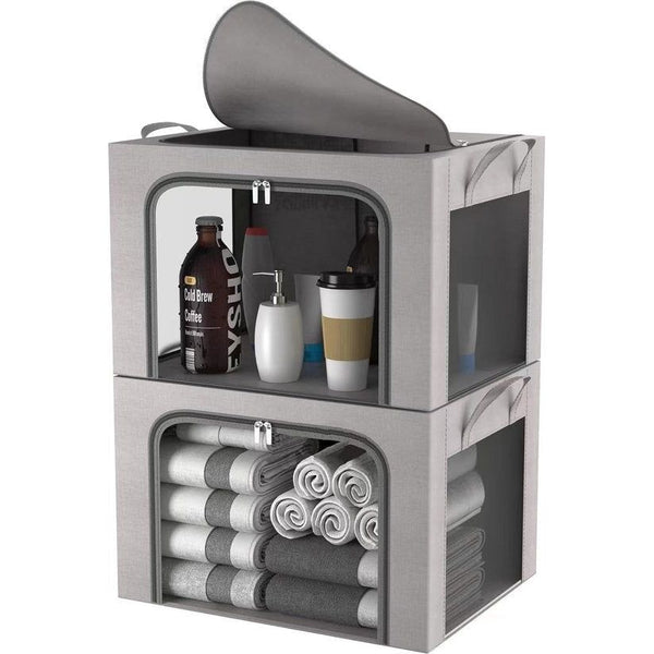 2 stuks opbergdozen voor kleding, opvouwbare kledingopbergbox met metalen frame en 3 ramen, opbergtas voor dekbedden, dekens en kleding, grijs (100 liter)