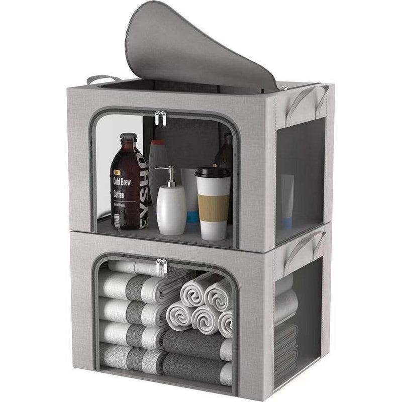 2 stuks opbergdozen voor kleding, opvouwbare kledingopbergbox met metalen frame en 3 ramen, opbergtas voor dekbedden, dekens en kleding, grijs (100 liter)