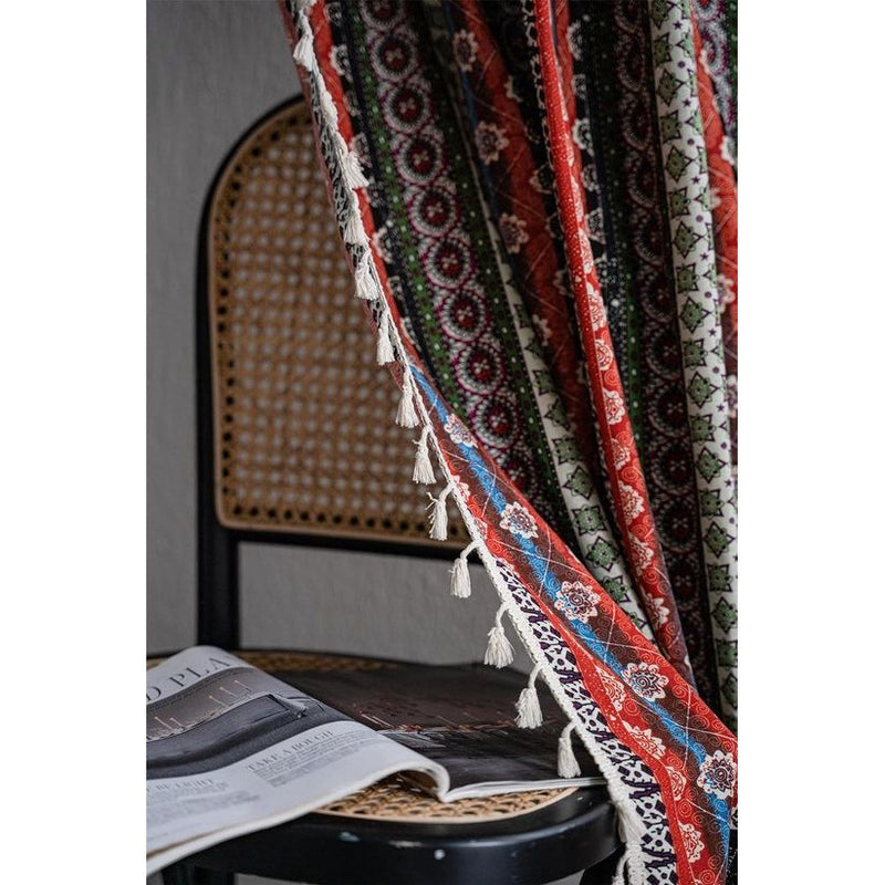 Boho gordijnen set van 2 gordijnen met beige kwastjes katoen linnen halfverduisteringsgordijnen doorschijnende gordijnen met stangdoorgang voor woonkamer slaapkamer, 240 x 150 cm (HxB)