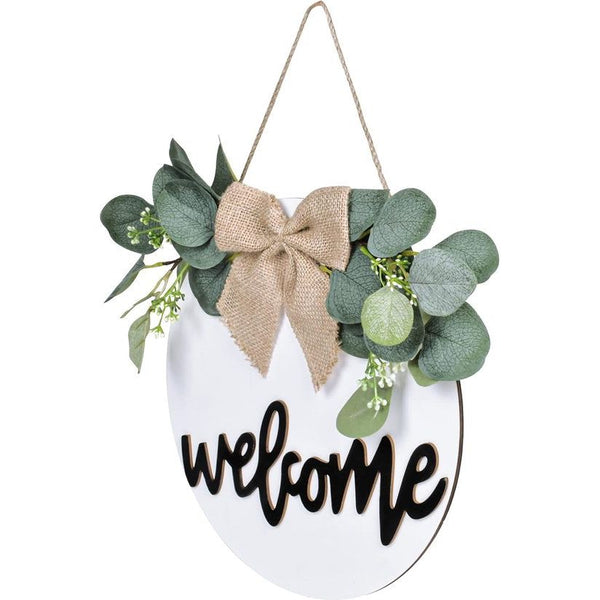 Welkomstbord voordeur hangend, welkomstkrans voordeur, houten bord rond om op te hangen, rustiek houten muurbord, welkomstdeurbord voordeurdecoratie voor boerderij, veranda (wit)