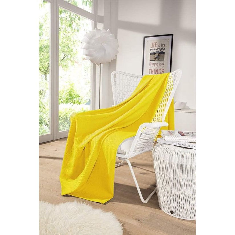 Deken van katoen, wafelpiqué, lichte knuffeldeken van 100% katoen, luchtige plaid, veelzijdig inzetbaar, onderhoudsvriendelijke deken, geel, 150 x 200 cm