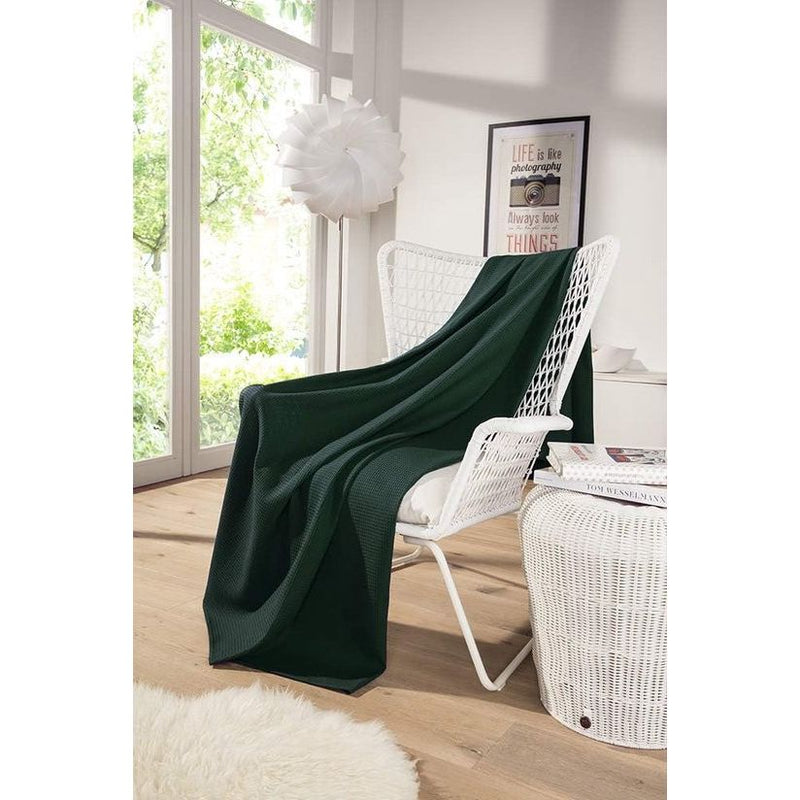 Deken van katoen, wafelpiqué, lichte knuffeldeken van 100% katoen, luchtige plaid, veelzijdig inzetbaar, onderhoudsvriendelijke deken, donkergroen, 150 x 200 cm
