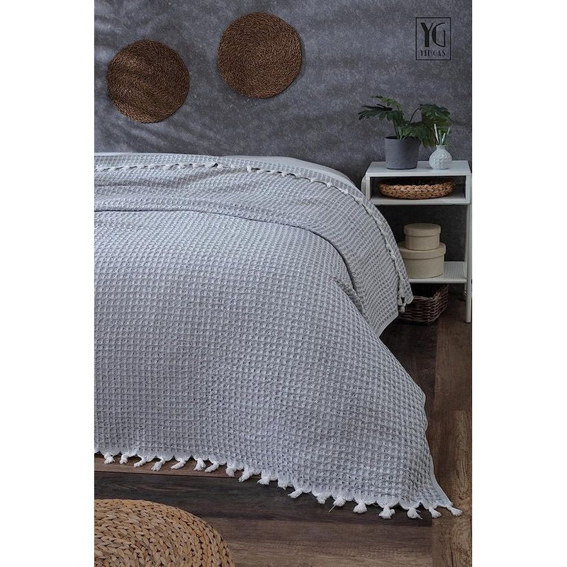 Sprei, XL, 150 x 200 cm, wafelpique, grote woondeken, bedsprei, bankdeken, sprei deken voor bank en bed, 85% katoen en 15% gerecycled polyester, wafelpatroon, grijs