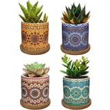 Keramische vetplantenpotten, 4 stuks, 7 cm, cactusplant, potten, mini-bloempottenset met bamboe onderzetter, miniatuurplantencontainer, decoraties voor thuis, kantoor, balkon, Mandala 01 kleurrijk