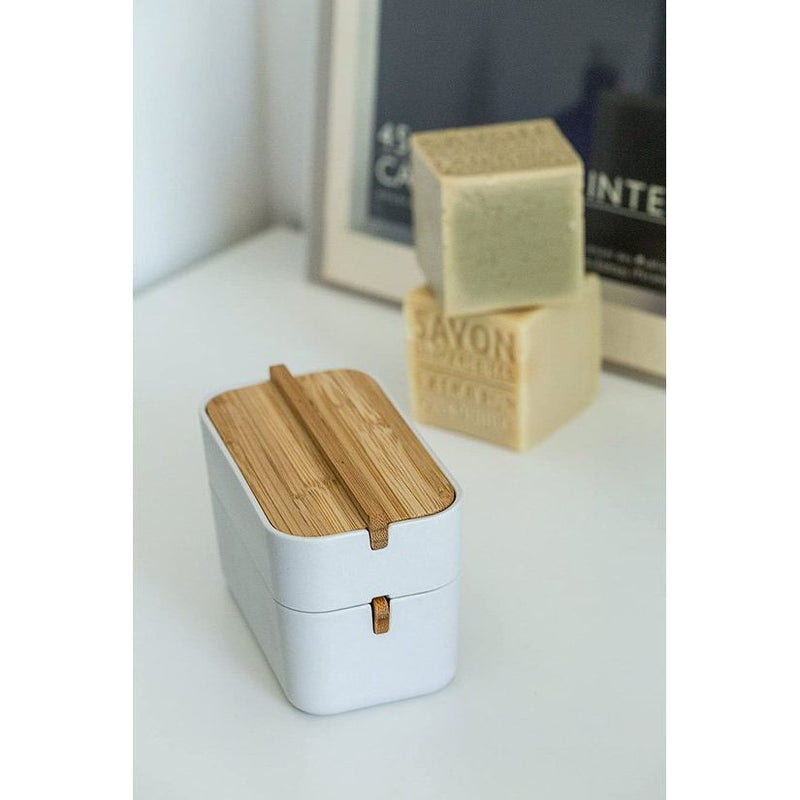 Lexon Cotton-box, wit/bamboe, 15,4 x 9,4 x 8,4 cm