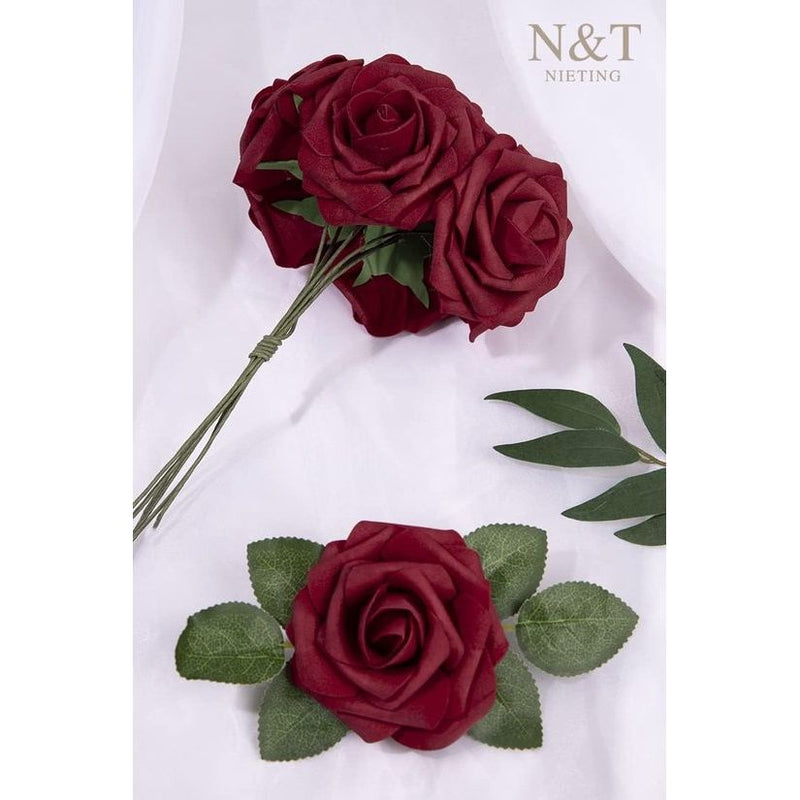 Kunstrozen, 50 stuks, decoratieve bloemen, neprozen met stelen, doe-het-zelf, bruiloft, boeket, bruid, huisdecoratie, donkerrood