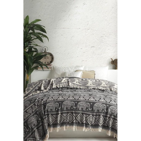 Premium sprei 100% katoen, Oeko-Tex®, bedsprei, woondeken, omkeerbare deken, sofadeken met patroon, extra groot 220 x 240 cm (olifant)