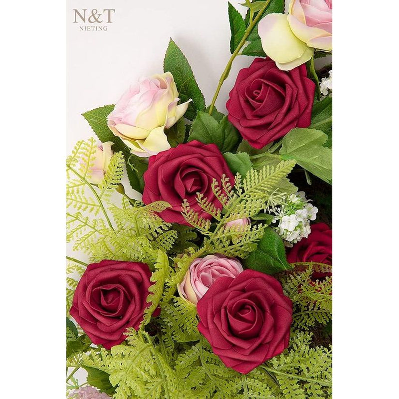 Kunstrozen, 50 stuks, decoratieve bloemen, neprozen met stelen, doe-het-zelf, bruiloft, boeket, bruid, huisdecoratie, donkerrood