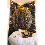 Wandtapijt mandala, boho wanddecoratie, zwart goud esthetische kamer decoratie, wanddoek psychedelisch wandkleed 132x152 cm