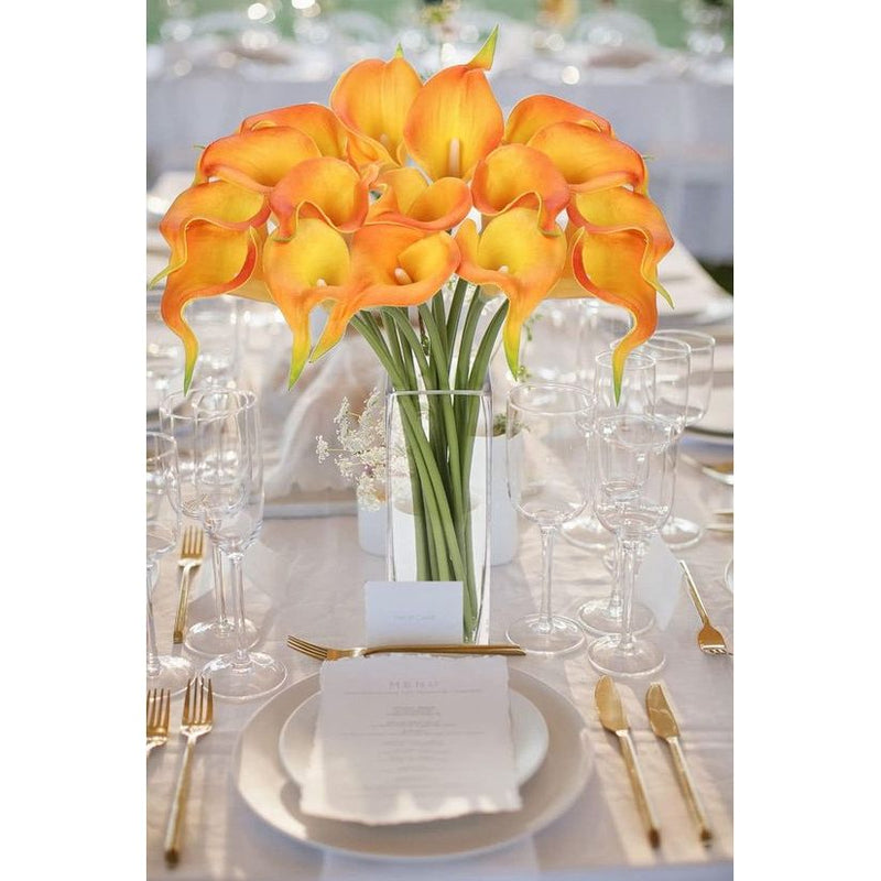 kunstbloemen, 16 stuks, met glazen vaas, zeer echt, kunstbloemen, calla PU, latex, echte touch, Calla nepbloemen, oranje, voor bruiloft, feest, woonkamer, kantoor, hotel, keuken