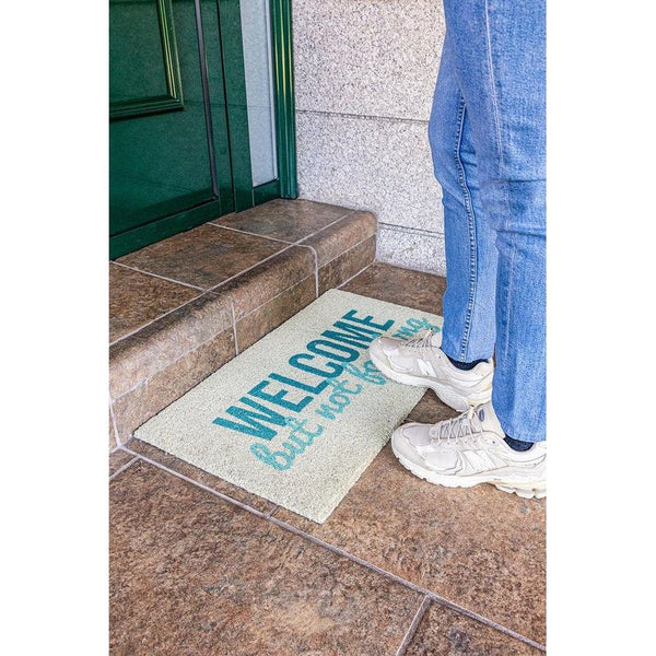 Originele deurmat not for long "van kokosnoot met antislip PVC-achterkant. Deurmat voor de ingang van het huis. Wit-blauwe deurmat. Handbeschilderd. Afmetingen: 70 cm x 40 cm.