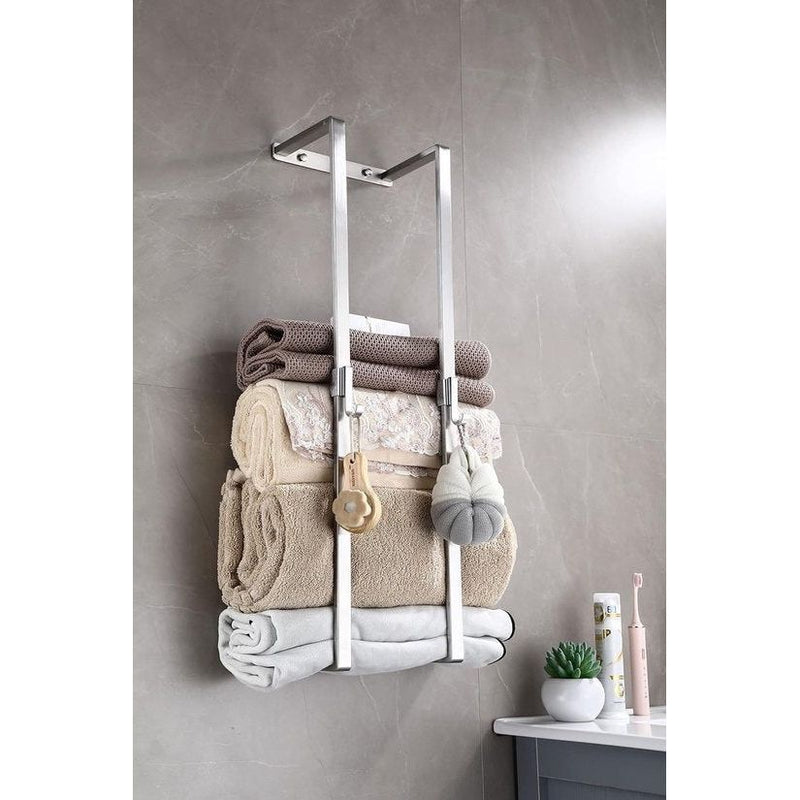 Towel Rail No Drilling Required, Towel Holder, Silver Towel Holder, Towel Rack, Bathroom Towel Holder, Wall, Guest Towel Holder with Two Towel Hooks