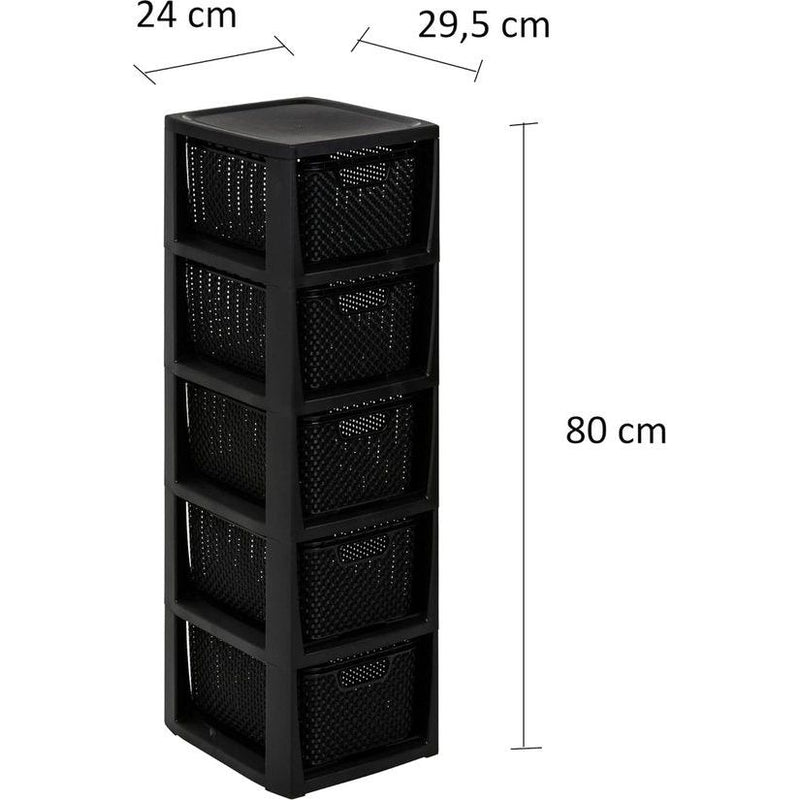 Home essentiële plank in rotan design, BPA-vrij kunststof PP, zwart, 29,5 x 24 x 80 cm, 5 manden.