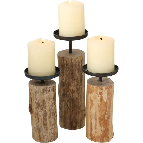 Kandelaar Tempe (3-delige set, kaarsenhouder van hout + metaal, stijlvol design, decoratie eettafel / commode, boho stijl)