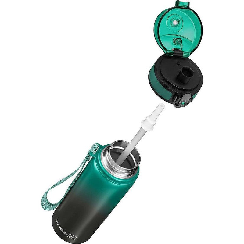 Thermo Minny-Roestvrijstalen Waterfles lekvrij-met rietje of zeef-400ml, 600ml-robuuste roestvrijstalen waterfles voor kinderen en volwassenen (Groen-Zwart, 600 ml)