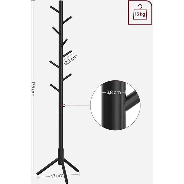 Houten boomvormige kapstok met 8 haken en 3 verstelbare hoogtes, geschikt voor kleding, hoeden, tassen. Ideaal voor gebruik in de ingang, woonkamer, slaapkamer, kantoor. Kleur: zwart.