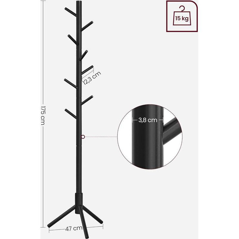 Houten boomvormige kapstok met 8 haken en 3 verstelbare hoogtes, geschikt voor kleding, hoeden, tassen. Ideaal voor gebruik in de ingang, woonkamer, slaapkamer, kantoor. Kleur: zwart.