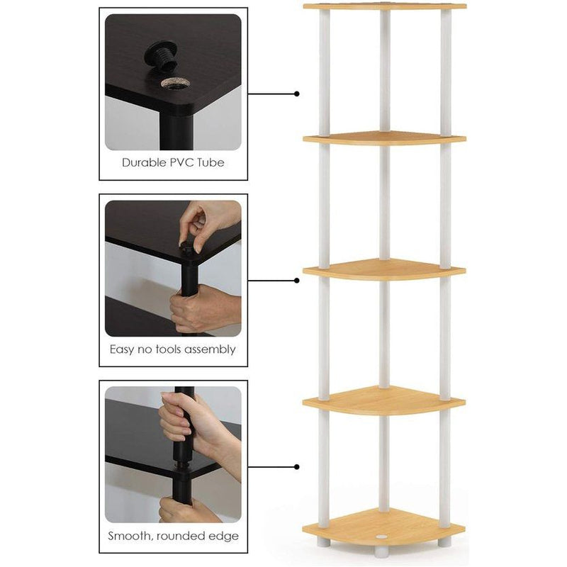 Turn-N-Tube 5-laags hoekdisplay, multifunctionele boekenkast, opbergplank, ronde buis, beukenhout/wit, 29,5 x 29,5 x 146,6 cm