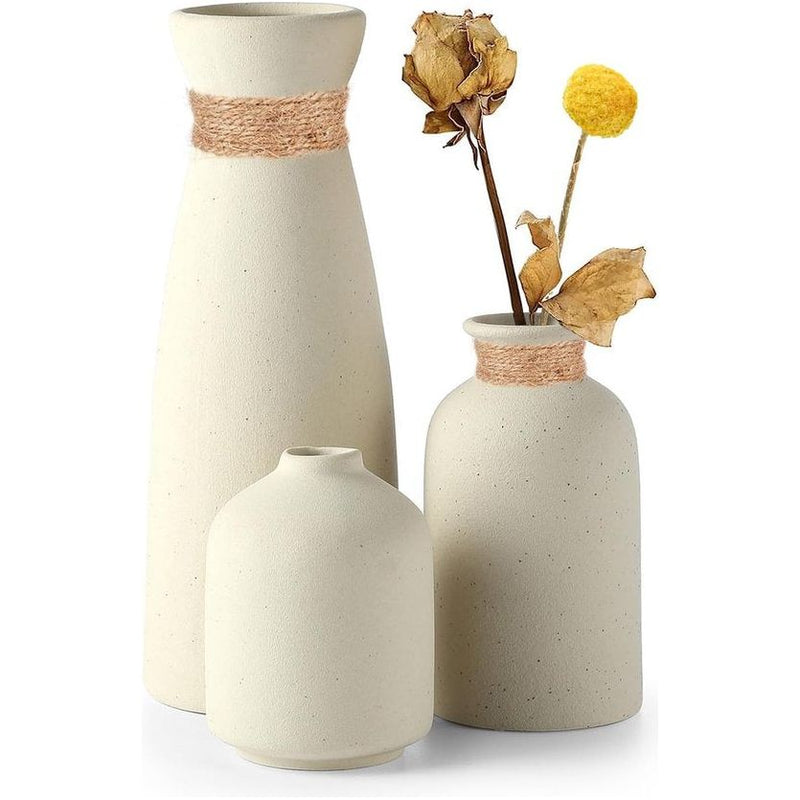 Zwarte keramische vazenset van 3 kleine bloemenvazen voor decoratie, moderne rustieke boerderij huisdecoratie, decoratieve vazen voor pampasgras-ideeënplank (Beige)