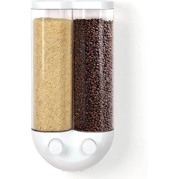 Rijstdispenser, dubbel 1 liter mueslidispenser om op te hangen voor drug levensmiddelen, granen, muesli, botten en waspoeder containers, voedselveilige plastic, container voor keuken en badkamer