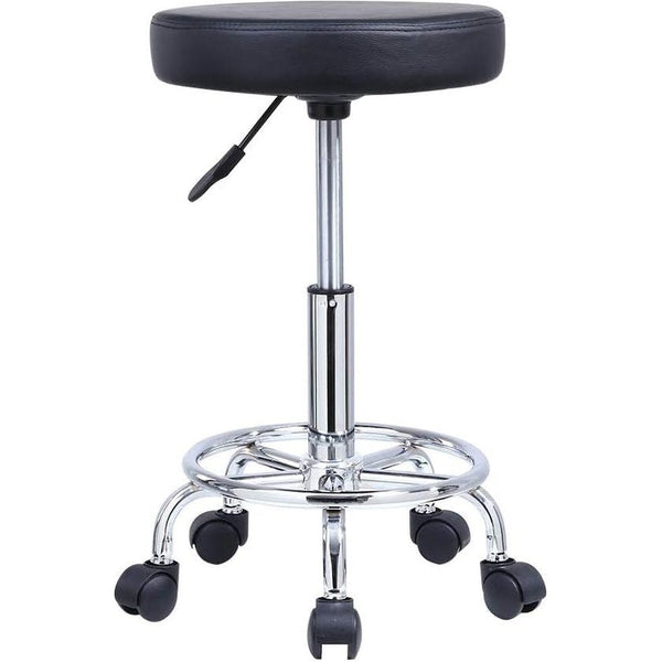 Verrijdbare kruk, in hoogte verstelbare, draaibare barkruk, werkkruk van imitatieleer, bureaukruk, zwart