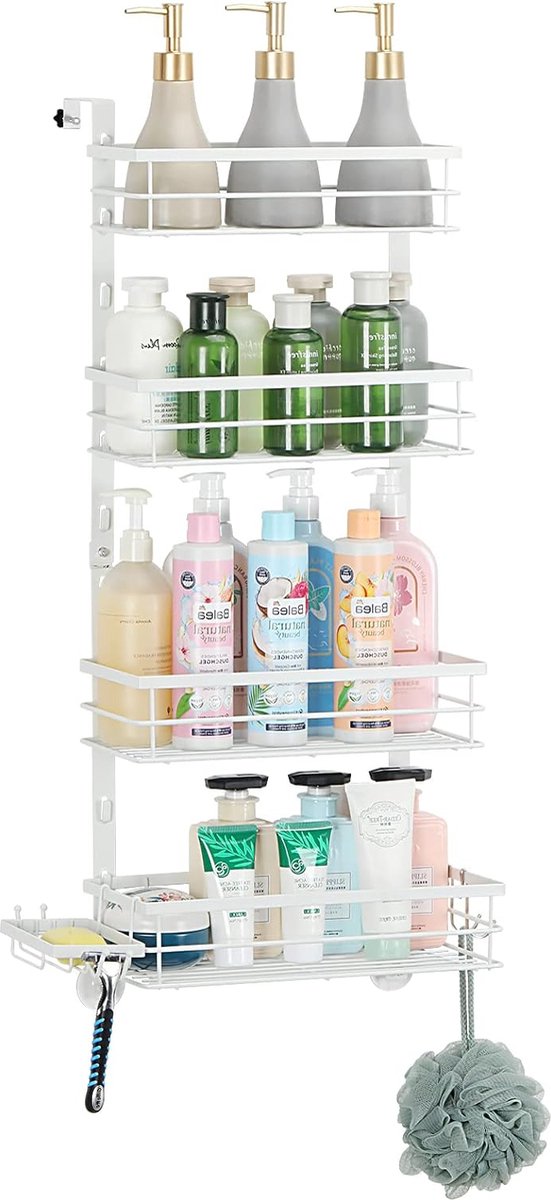 Doucheplank om op te hangen, doucheplank zonder boren, badkamerplank met 4 niveaus, badkamerplank, douchemand om boven de douchedeur te hangen met zeepbakje voor badkameropslag, wit