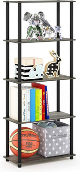 Turn-N-Tube 5-laags multifunctioneel boekenplankopbergrek met ronde buizen, Frans eiken/zwart, 59,9 (breedte) x 145,8 (hoogte) x 29,5 (diepte) cm