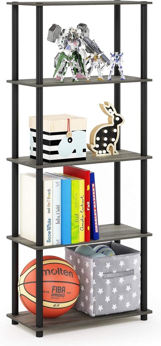 Turn-N-Tube 5-laags multifunctioneel boekenplankopbergrek met ronde buizen, Frans eiken/zwart, 59,9 (breedte) x 145,8 (hoogte) x 29,5 (diepte) cm