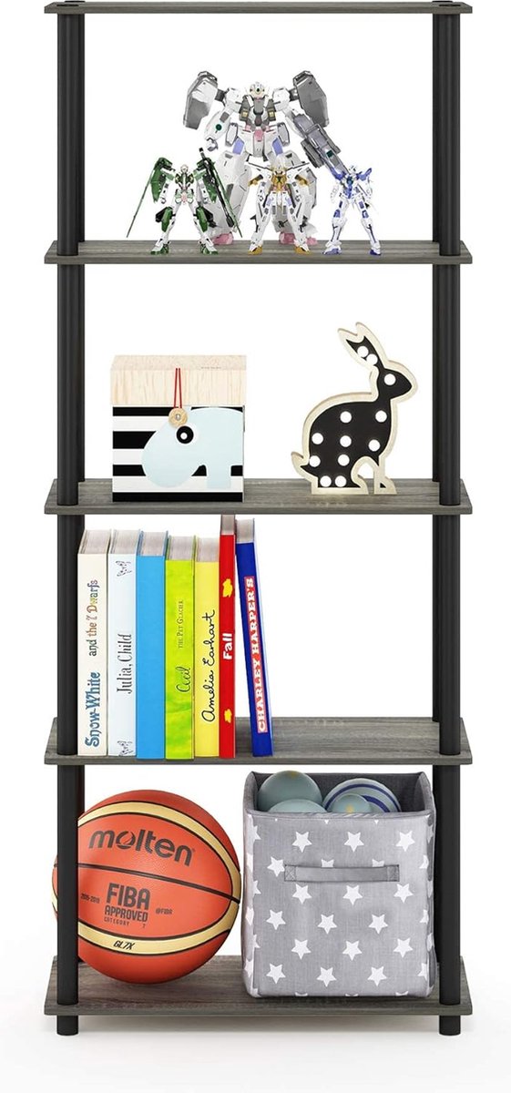 Turn-N-Tube 5-laags multifunctioneel boekenplankopbergrek met ronde buizen, Frans eiken/zwart, 59,9 (breedte) x 145,8 (hoogte) x 29,5 (diepte) cm