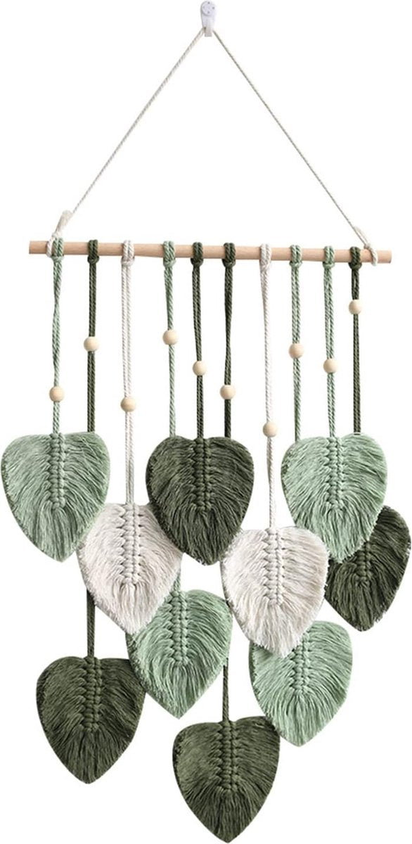 Macramé wandtapijt, boho-decoratie, wandtapijt in boho-stijl met houten kralen en bladeren, wandtapijt, boho, handgemaakt, voor buiten, woonkamer, slaapkamer, binnen, geschenken, 40 80 cm (groen)