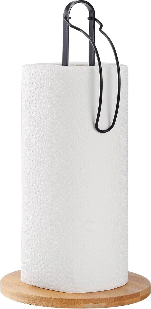 Zwarte houten handdoekrolhouder met bevestiging, papieren handdoekhouder voor werkblad, vrijstaande keukenhanddoekhouder met antislip houten voet