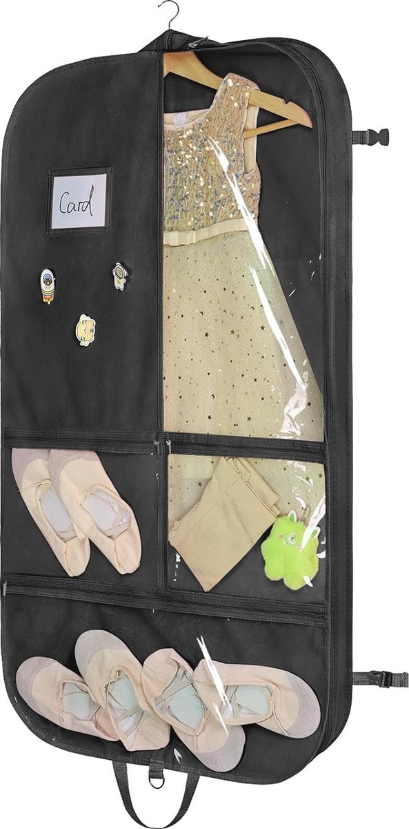 Zwarte kinderkledingzak 101 cm kledinghoes danskostuumtas, 3 middelgrote doorzichtige zakken met ritssluiting en 2 achterzakken met ritssluiting met 1 poppenhanger, 3 badges