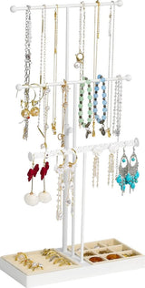 Sieradenstandaard, in hoogte verstelbaar, kettingstandaard, sieradenhouder, sieradenopslag met dienblad, fluwelen doos, kan worden gebruikt als ringhouder, oorbelstandaard, sieradenstandaard,