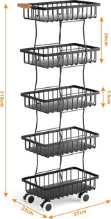 Keuken-niswagen met 5 niveaus, keukentrolley op wielen met handvat en remmen, voor kleine ruimtes in keuken, eetkamer, badkamer, zwart