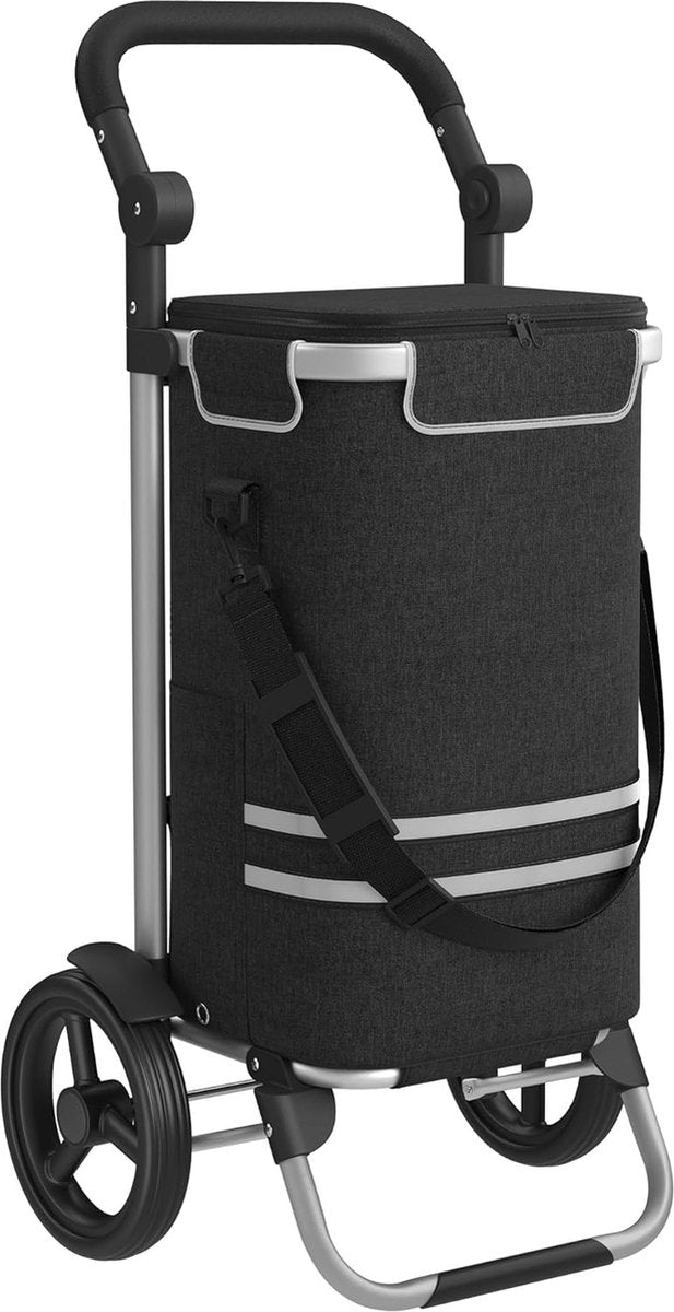 Boodschappentrolley, trolley, winkelwagen met koelvak, groot, 35 liter, inklapbaar, boodschappentas met wieltjes, afneembare tas, zwart