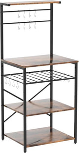 Keukenrek met 5 planken, bakkersrek, staand rek, magnetronrek met verstelbare wijnhouders en S-haken, multifunctionele organizer, voor magnetron, kookgerei, bruin-zwart