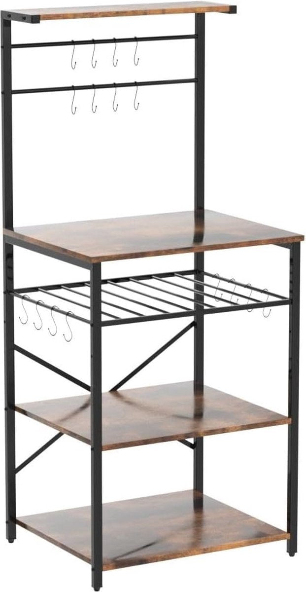 Keukenrek met 5 planken, bakkersrek, staand rek, magnetronrek met verstelbare wijnhouders en S-haken, multifunctionele organizer, voor magnetron, kookgerei, bruin-zwart