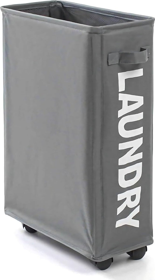 Smalle wasmand, opvouwbaar, met wieltjes, wasverzamelaar, klein op Oxford-stof, wasmanden met handvat, wasbox, vuilwasbak, laundry organizer, grijs, 20 x 39 x 59 cm