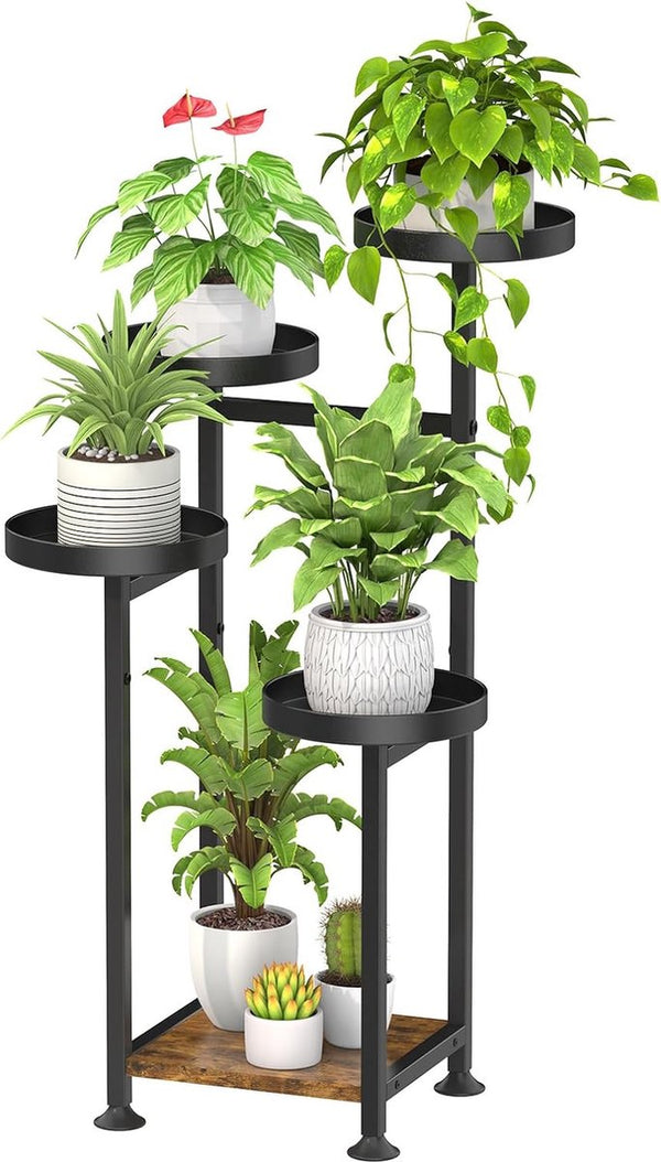 Plantenstandaard met 5 etages, hout, metaal, voor binnen en buiten, hoek bloemenstandaard, plantenrek voor meerdere planten, modern bloemenrek voor terras, tuin, balkon, woonkamer (zwart)