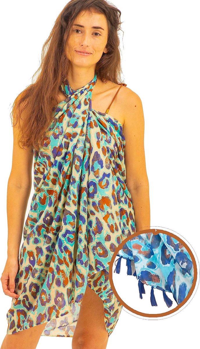 Blauwe sarong voor dames, pareo, bikini bedekking, strandlaken, wikkelrok, tapijt, wikkeldoek, sjaal, halsdoek, hoogwaardige rayon, zacht en licht