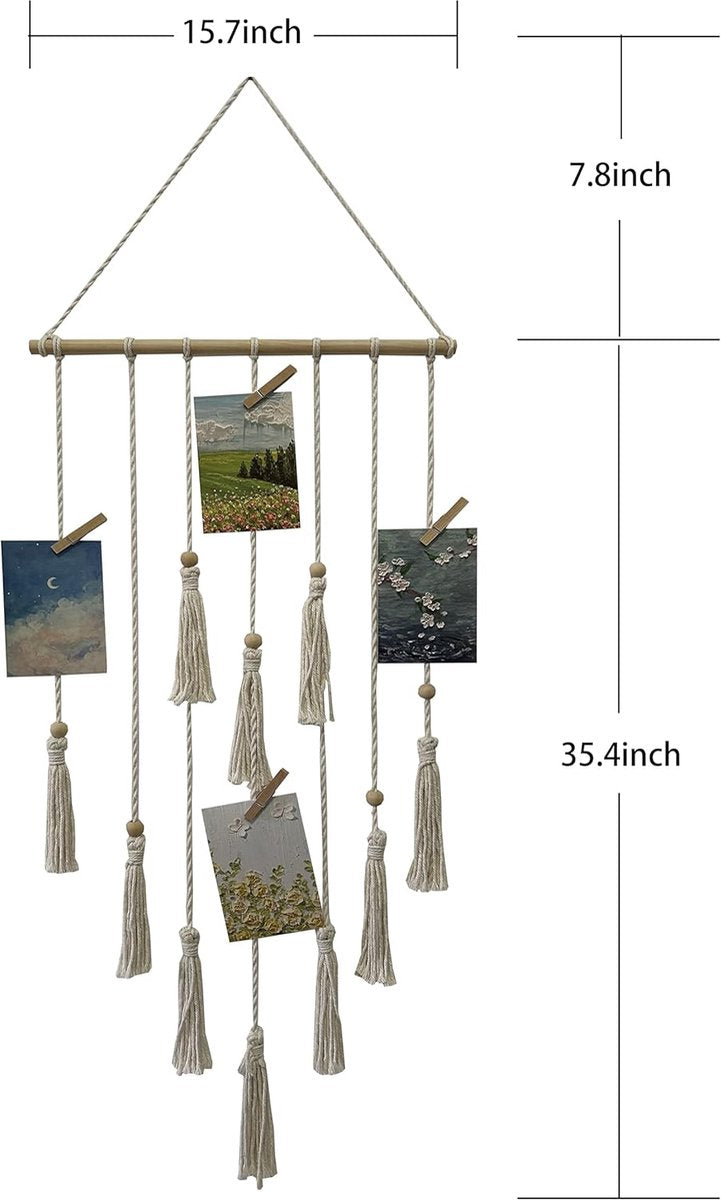 Hangende fotowand, met 15 houten klemmen, weergave van 15 foto's, voor het ophangen van fotocollages, decoraties, prints, kunstwerken en foto's