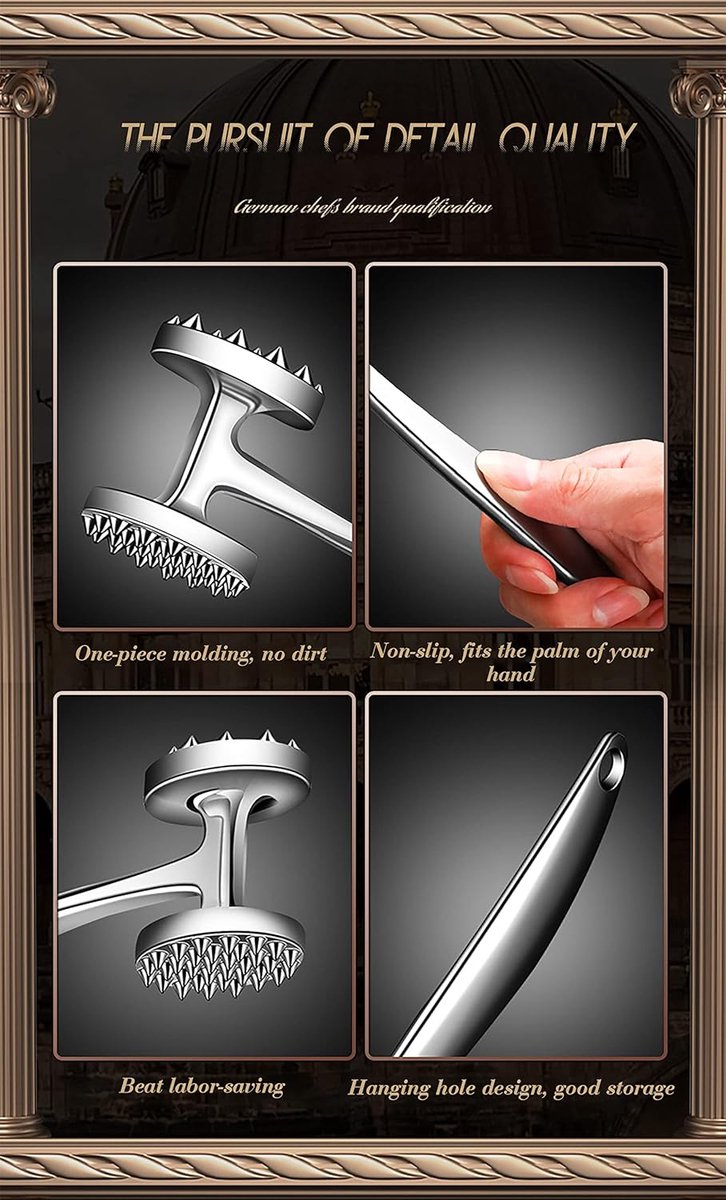 Vleesklopper, roestvrij staal, incl. roestvrijstalen vleeshamer, extreem robuust, vleeshamer voor rundersteak, varkensvlees, kip, vis, zacht maken en stampen